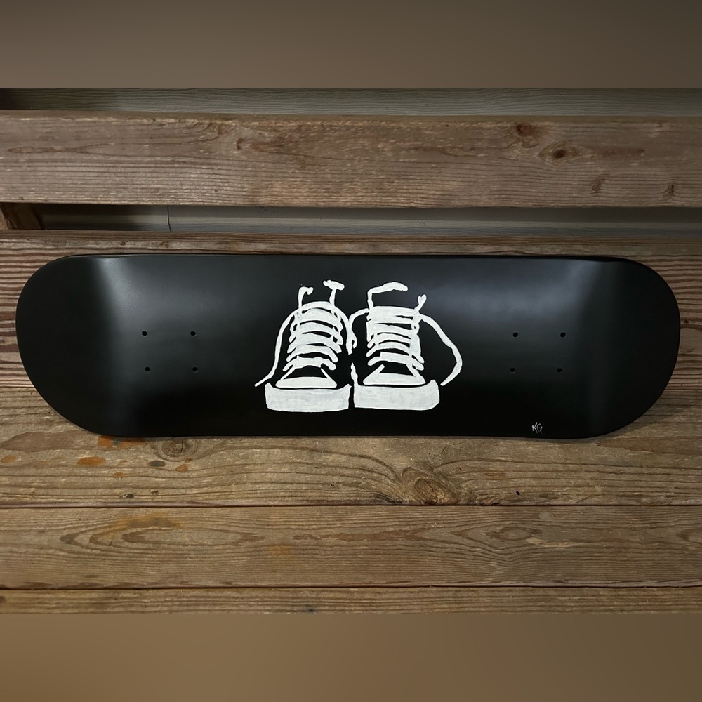 Black Skateboard Deck with hand painted White Converse Sneakers
